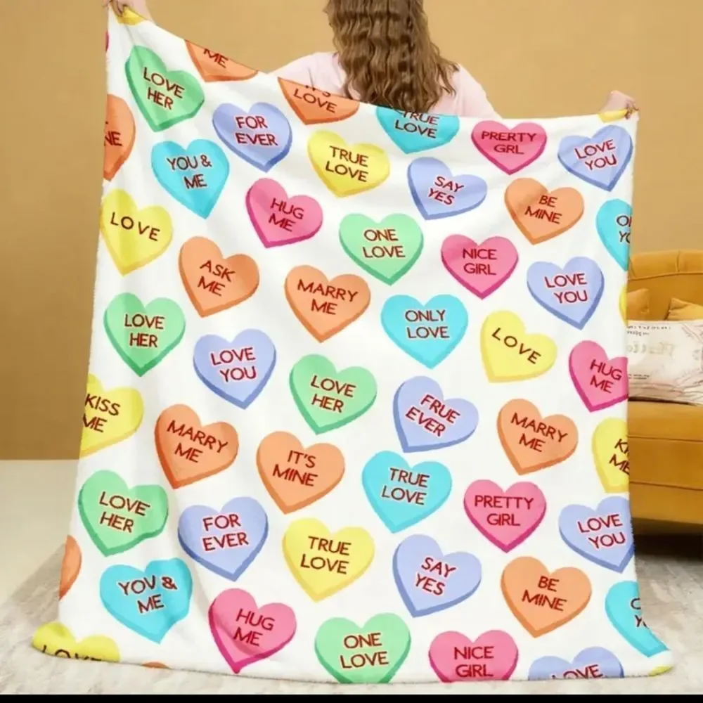 NWT Valentines Candy Hearts Digital Print Polyester Knit Blanket Throw 40